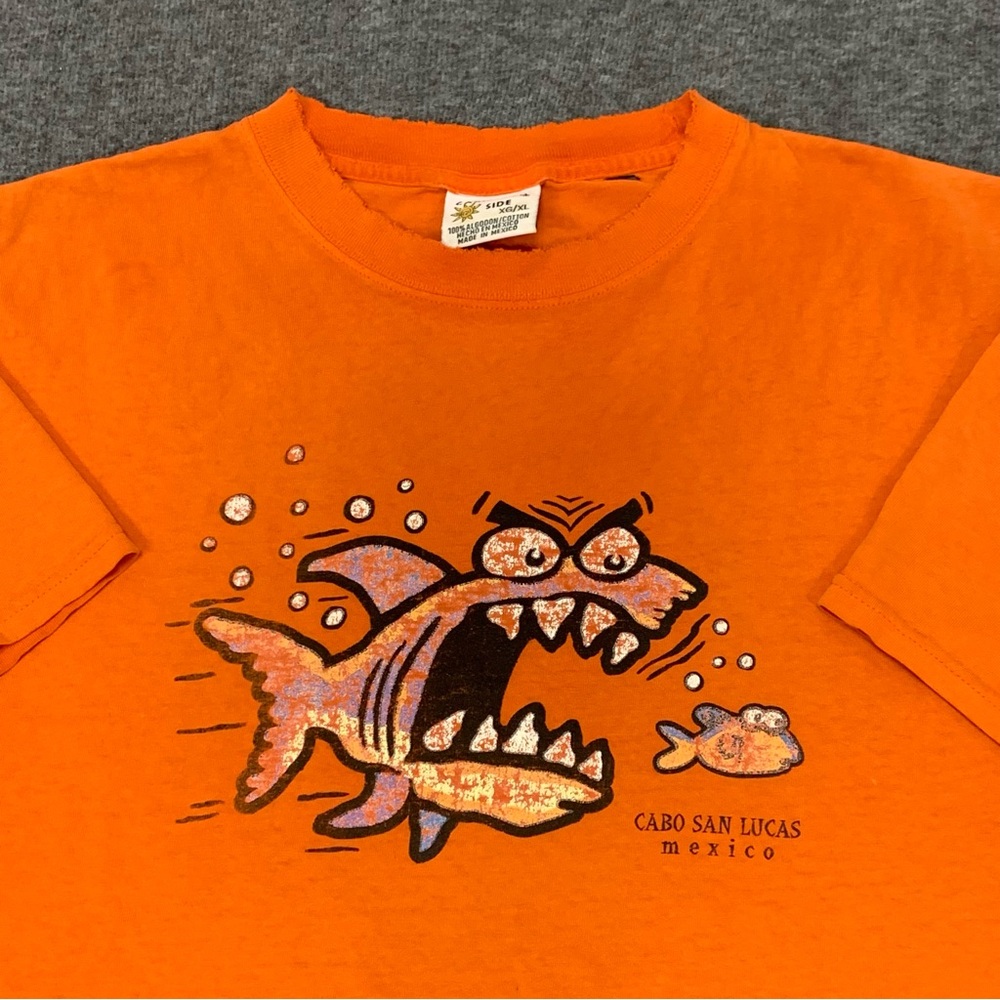 Vintage 90s Fish Swim for your Lives Funny Mexico Distressed Orange Tee XL